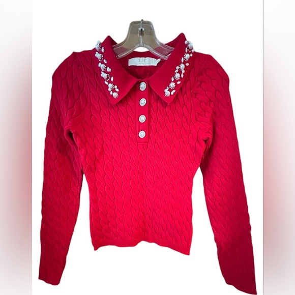 LC LIZETTE / NWOT / Red Cable Knit Sweater with Embellished Collar-buttons/S - Picture 1 of 13